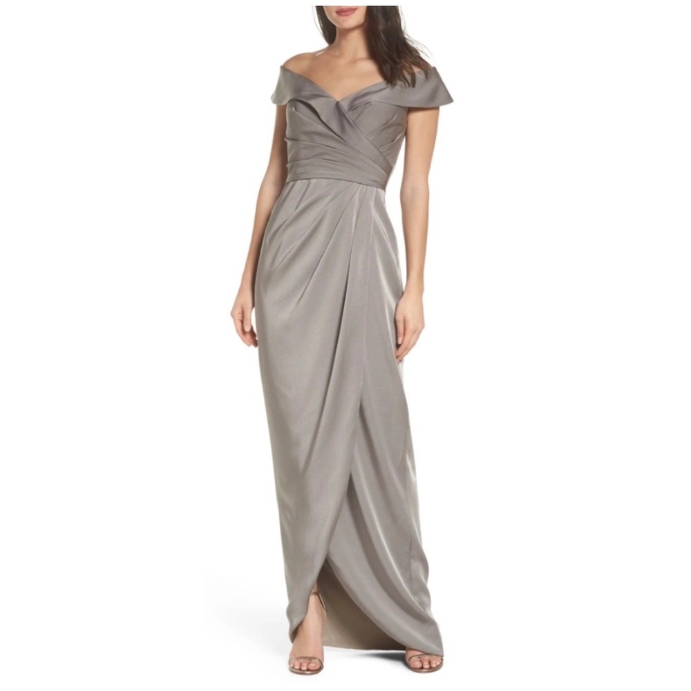 NWT La Femme 25206 Surplice Off the Shoulder Gown Pewter Sz‎ 12 $338